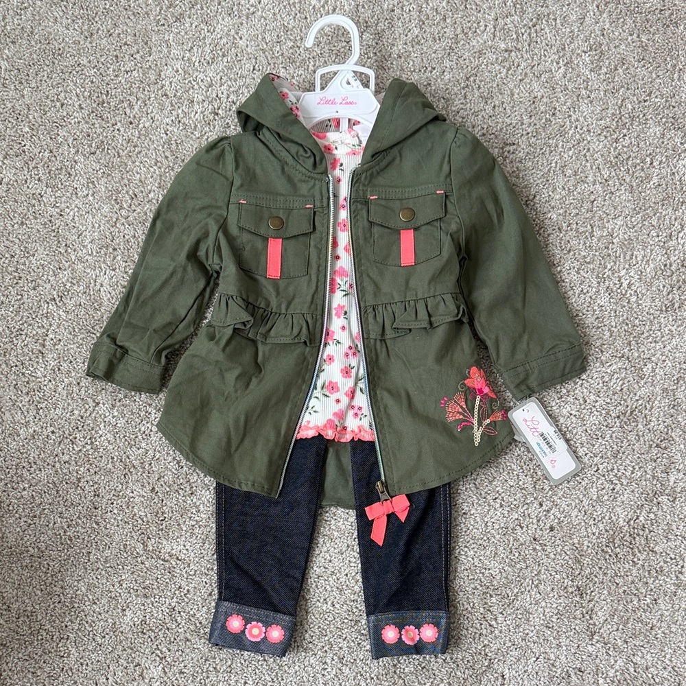 Olive Green Hooded Girls Jacket with Pink Floral Accents